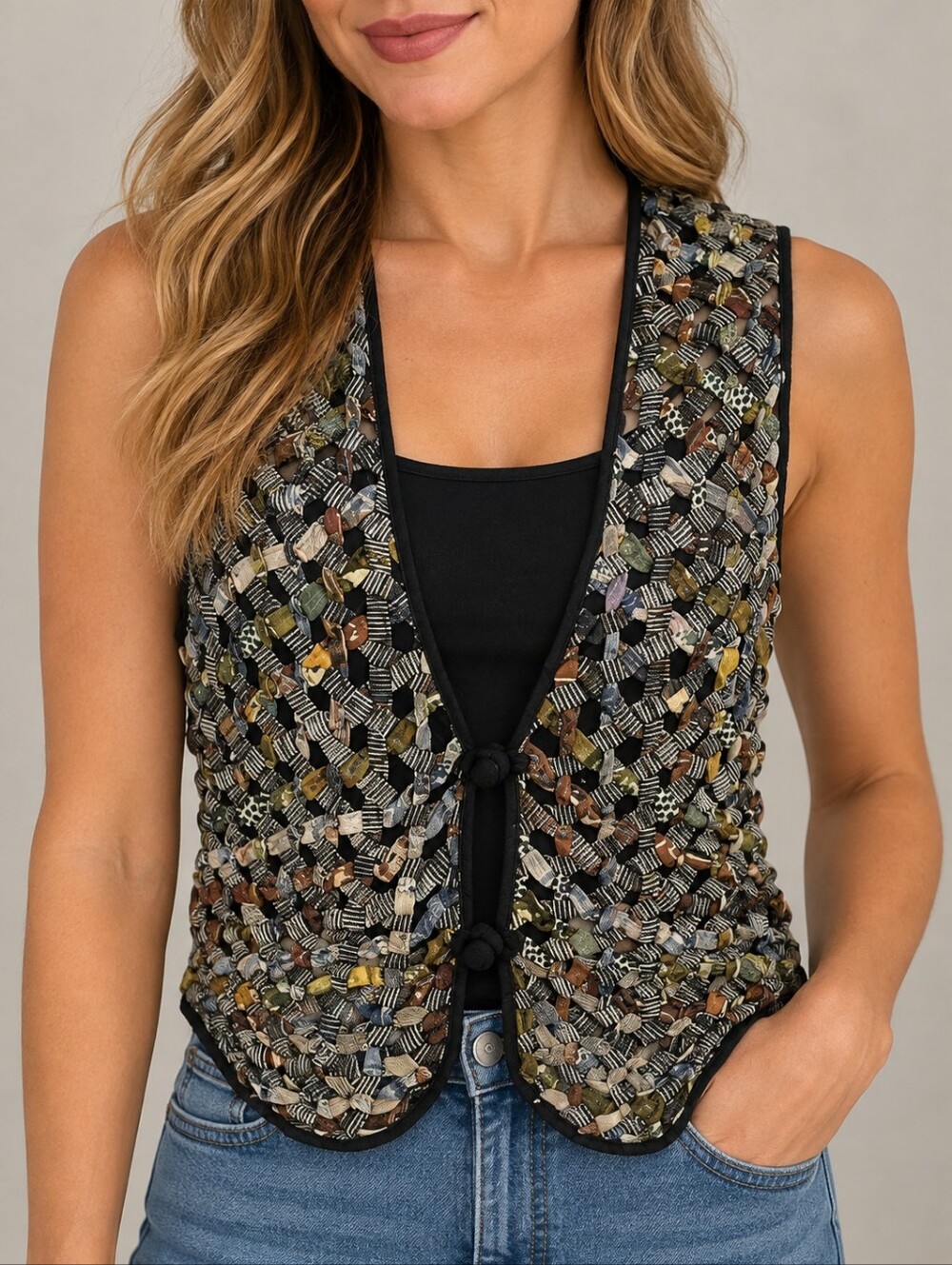 VTG HALSEY COLLECTION Basketweave Tie Back Grunge Hippie Waistcoat Vest